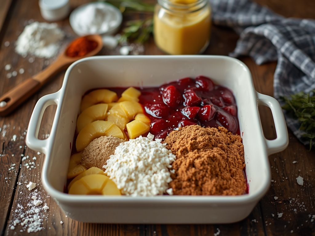 dump cake recipe - A baking dish filled with layered