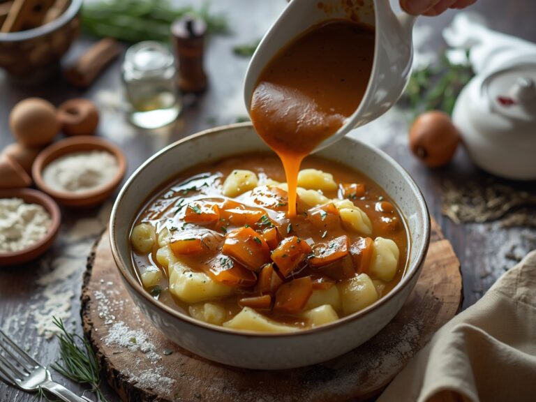 chicken gravy recipe - A bowl of rich, golden chicken gravy poured over mashed