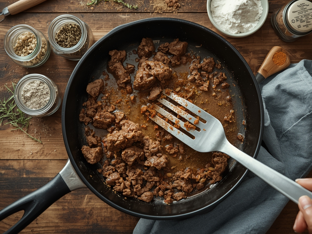 simple ground beef recipes - A close-up of seasoned ground