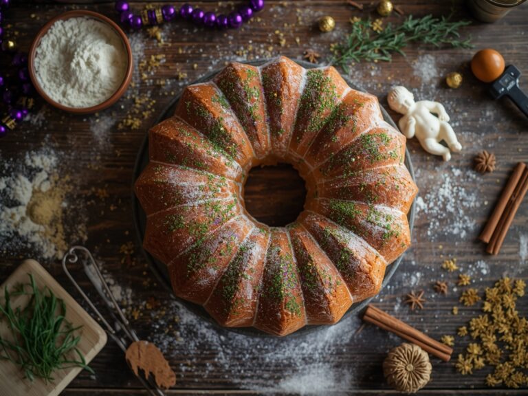 king cake recipe - A freshly baked king cake on a rustic wooden table,