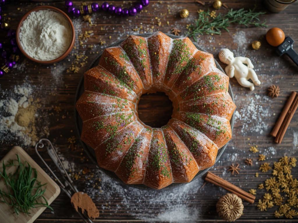 king cake recipe - A freshly baked king cake on a rustic wooden table,