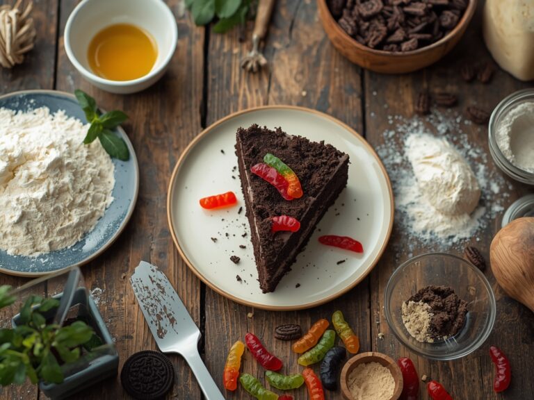 dirt cake recipe - A rustic wooden table with a slice of dirt cake,