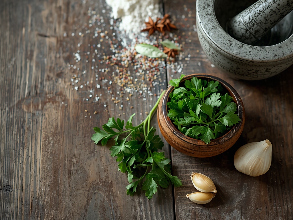 Most Powerful Herbs - A rustic wooden table with a bowl of fresh parsley,