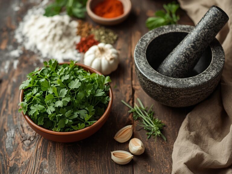 powerful herbs blood clots - A rustic wooden table with a bowl of fresh parsley,