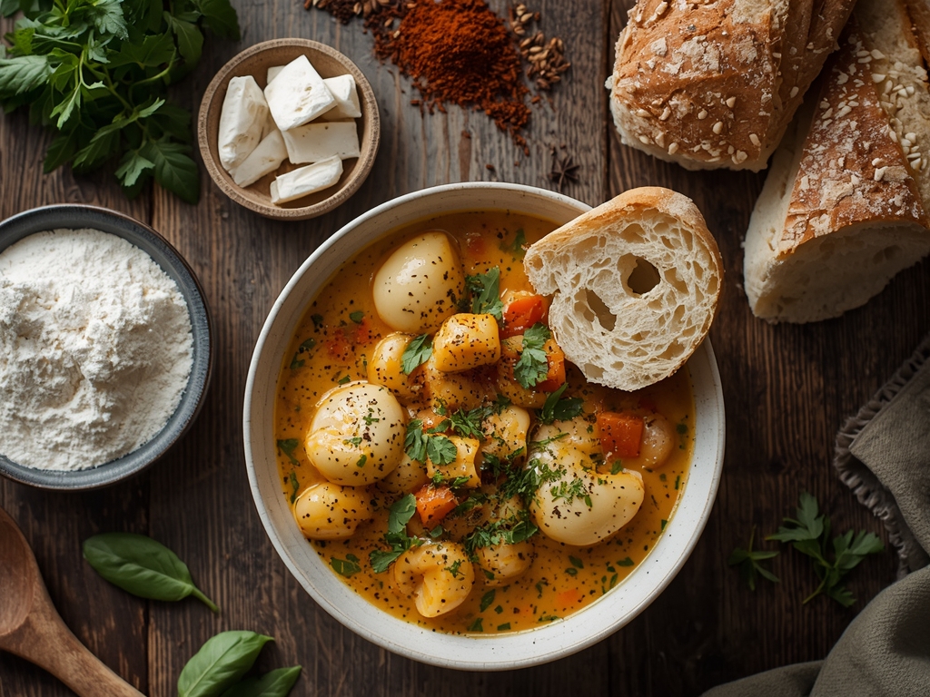 chicken gnocchi soup - A serving of chicken gnocchi soup