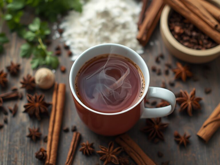 Clove Tea - A steaming mug of clove tea on a rustic wooden