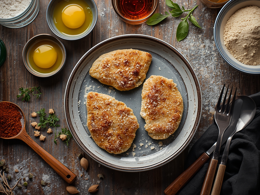 chicken cutlet recipe - Authentic home-cooked chicken cutlets on a rustic wooden table, natural
