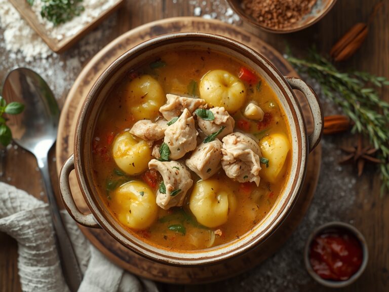 chicken gnocchi soup - Authentic home-cooked chicken gnocchi soup in a rustic bowl, shot