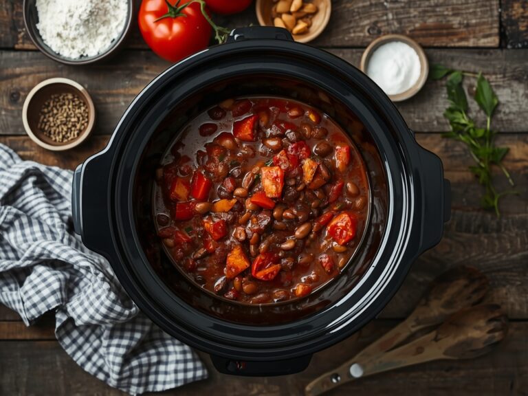 slow cooker ground beef recipes - Authentic home-cooked chili con carne in a slow cooker, shot