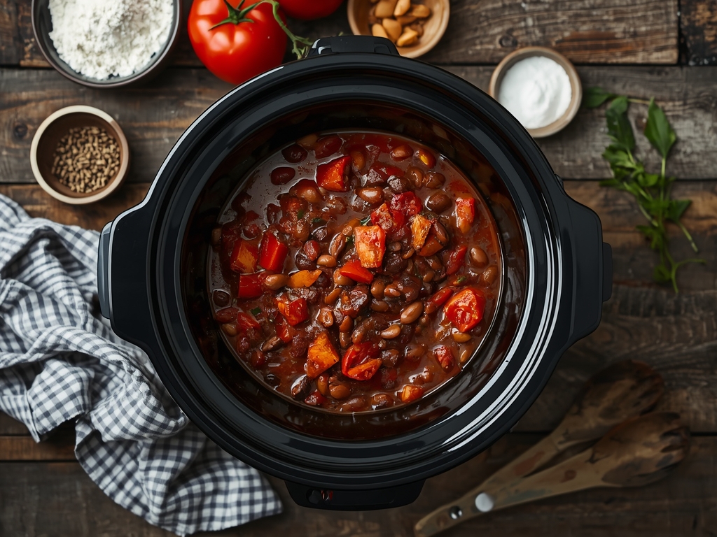 slow cooker ground beef recipes - Authentic home-cooked chili con carne in a slow cooker, shot