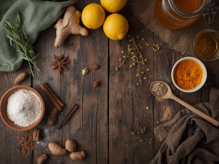 turmeric ginger cinnamon - Authentic home-cooked food photography, shot on a rustic wooden table,