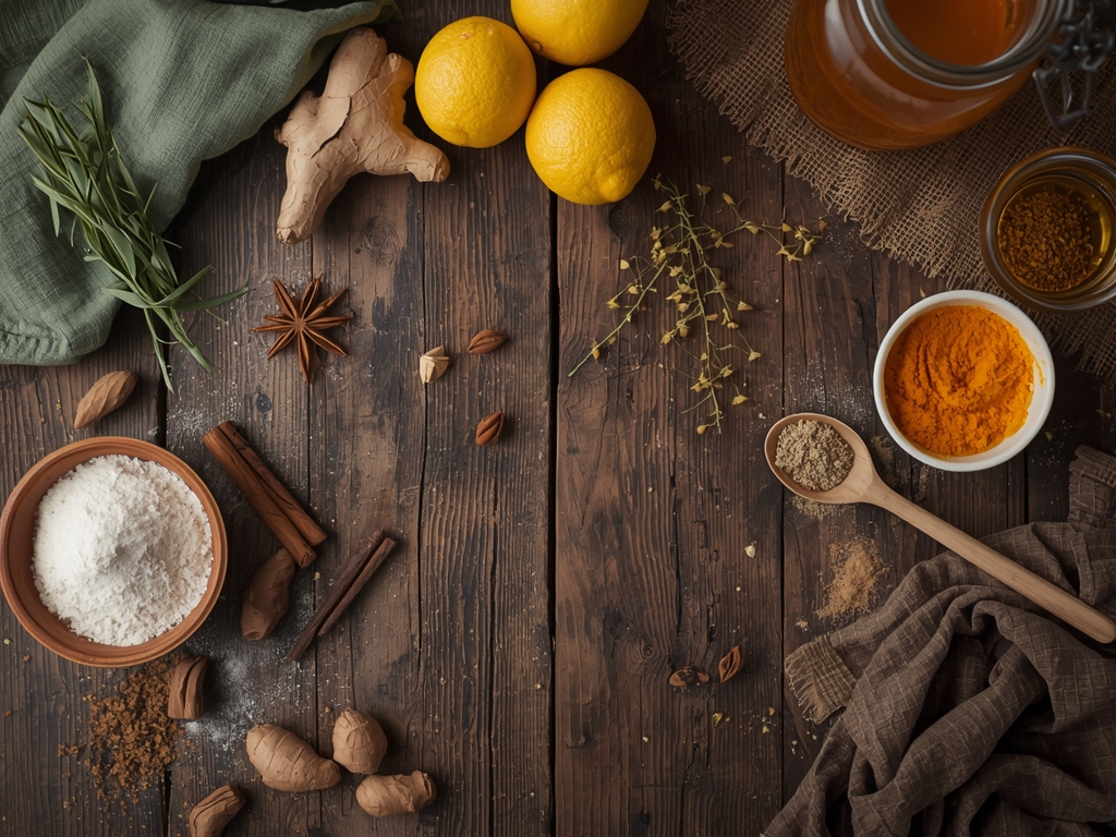 turmeric ginger cinnamon - Authentic home-cooked food photography, shot on a rustic wooden table,