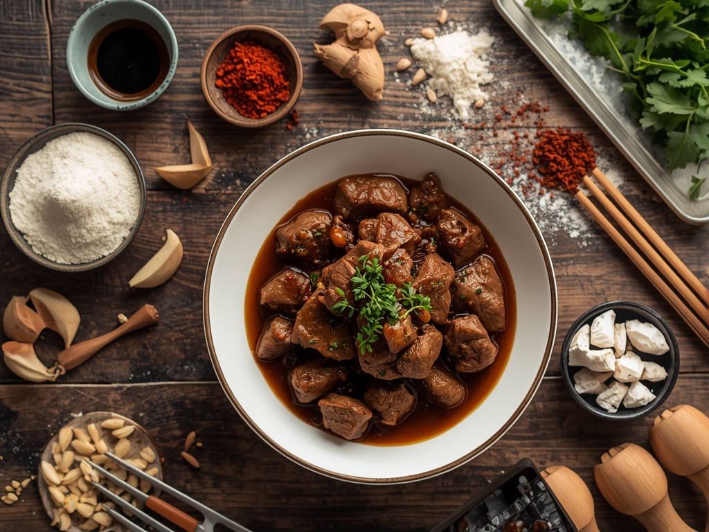 Mongolian beef recipes - Authentic home-cooked Mongolian beef dish on a rustic wooden table,