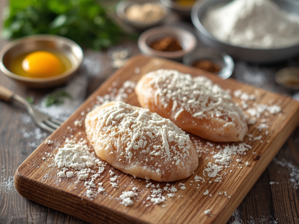 chicken cutlet recipe - Chicken cutlets being breaded on a