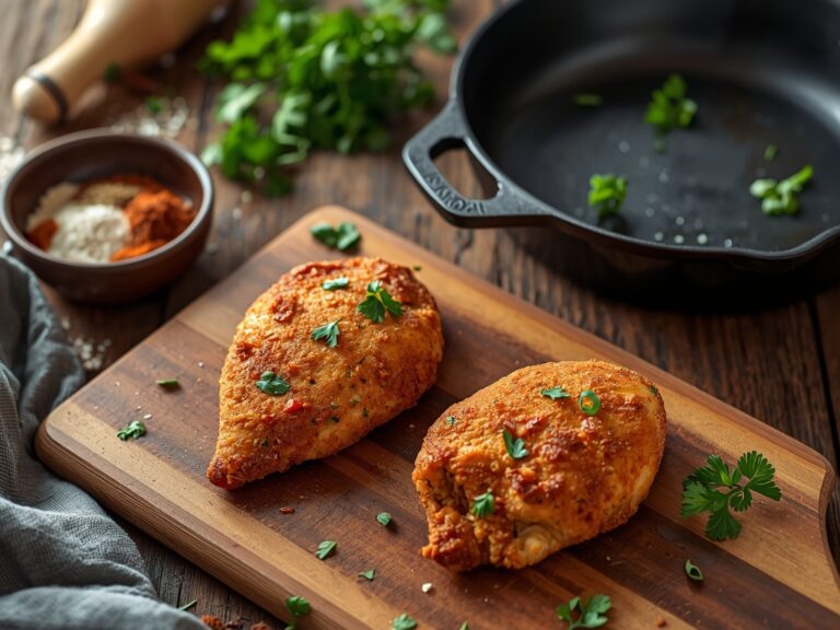 air fryer chicken recipes - Crispy air fryer chicken breasts on a wooden cutting board,