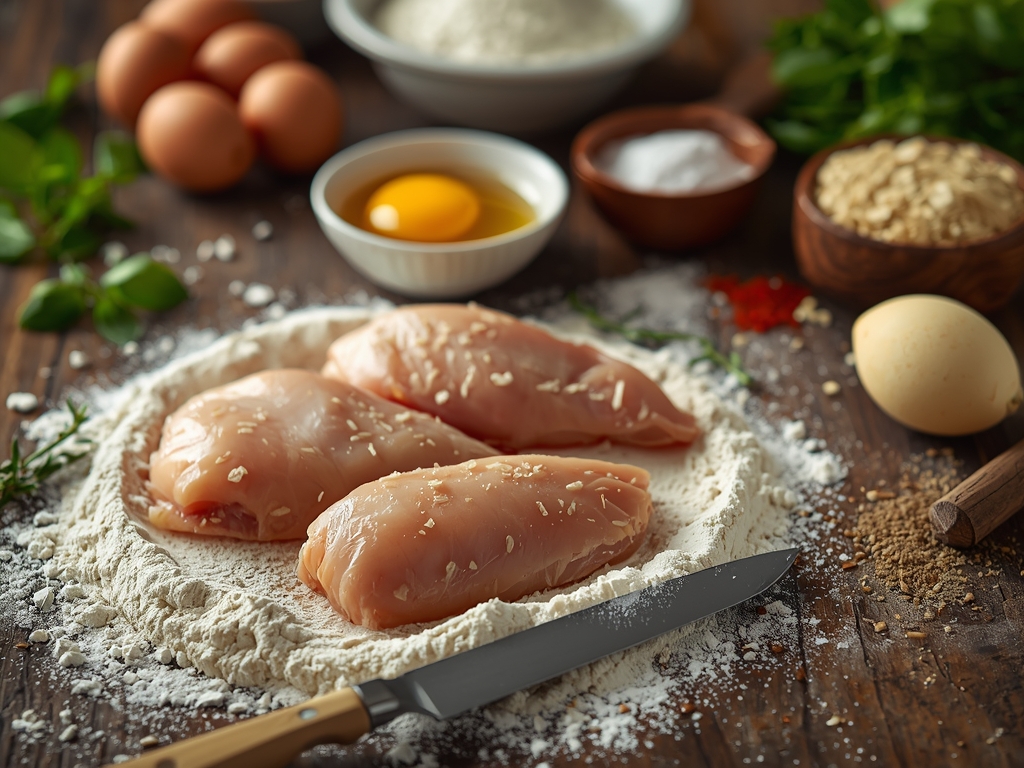 chicken cutlet recipe - Fresh chicken breasts, flour, eggs, and