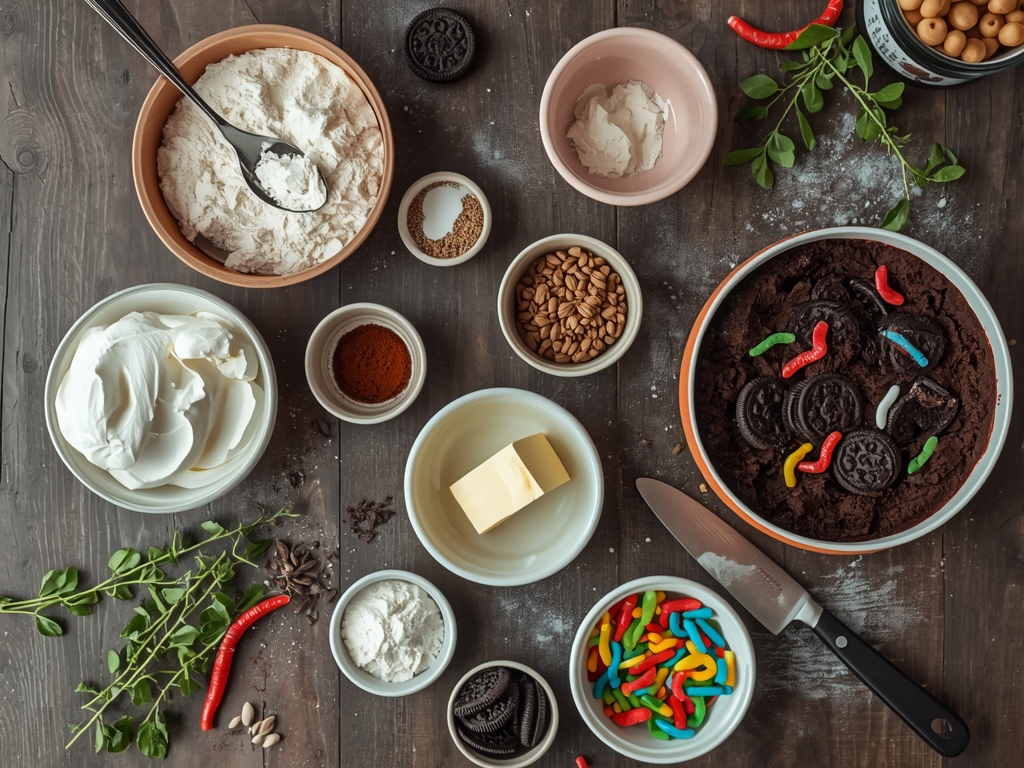 dirt cake recipe - Overhead shot of a wooden table